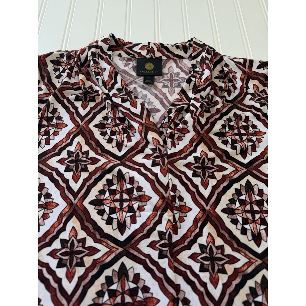 JM Collection‎ Women's Boho Print V Neck Top Size S 3/4 Sleeve